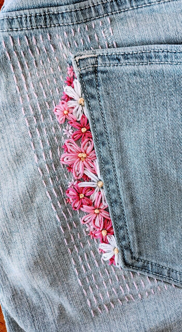 Patched And Covered A Rip Next To My Jeans' Pocket! It's My First Big Attempt At Decorative Embroidery