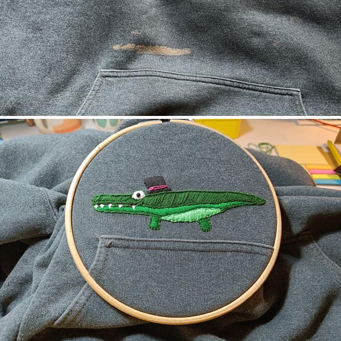 My First Time Embroidering! I Hid A Bleach Stain Under A Crocodile